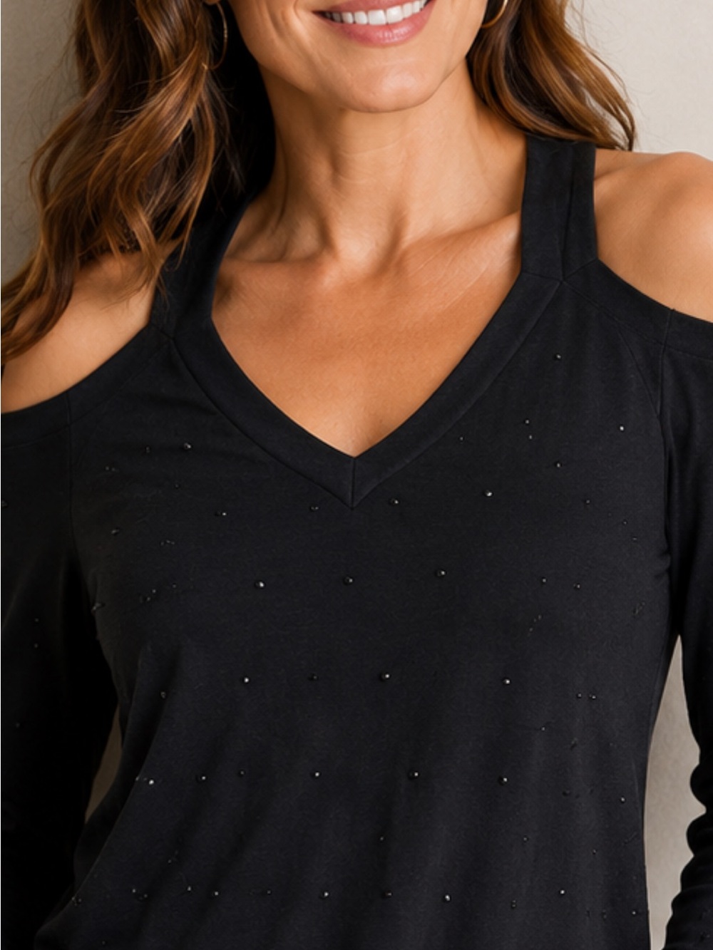 Bailey 44 Black Beaded Cold Shoulder Top – Medium